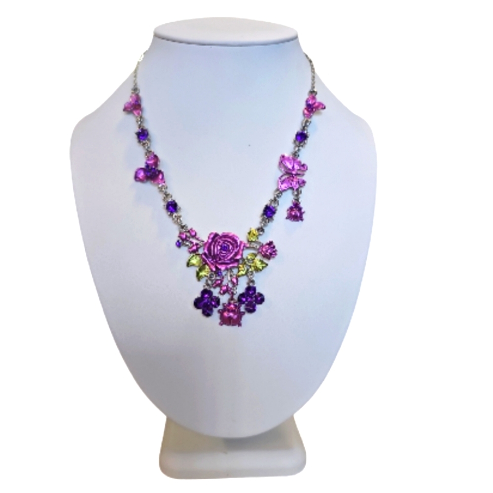 Unique,Vintage & Rare Artisan Made Floral Necklace with Butterfly,Ladybug Pink.